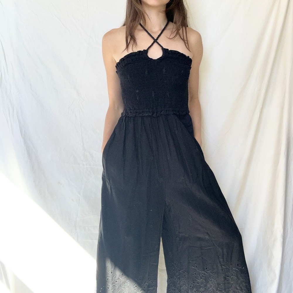 Anthropologie Linen Blend Wide Leg Jumpsuit Coastal Vacation